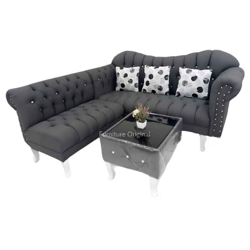 Sofa L Minimalis set Meja  Tamu warna Abu Sofa Tamu Ruang Keluarga Plus Bantal