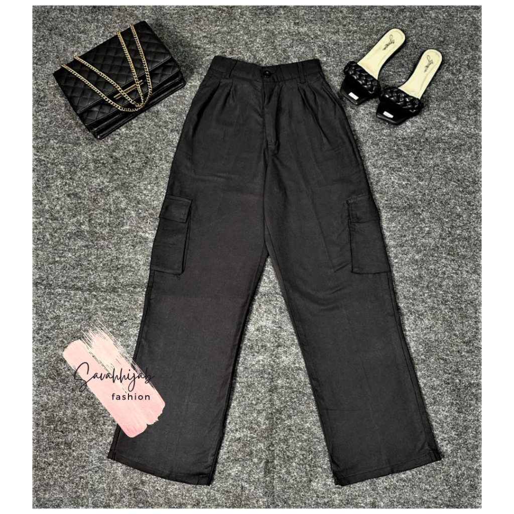 CARGO PANTS HIGHWAIST / CELANA CARGO BAHAN LINEN