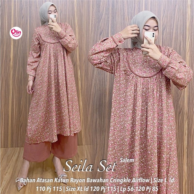 SEILA SET/ SETELAN TUNIK MIDI MOTIF BUNGA CELANA POLOS ORI OLIN