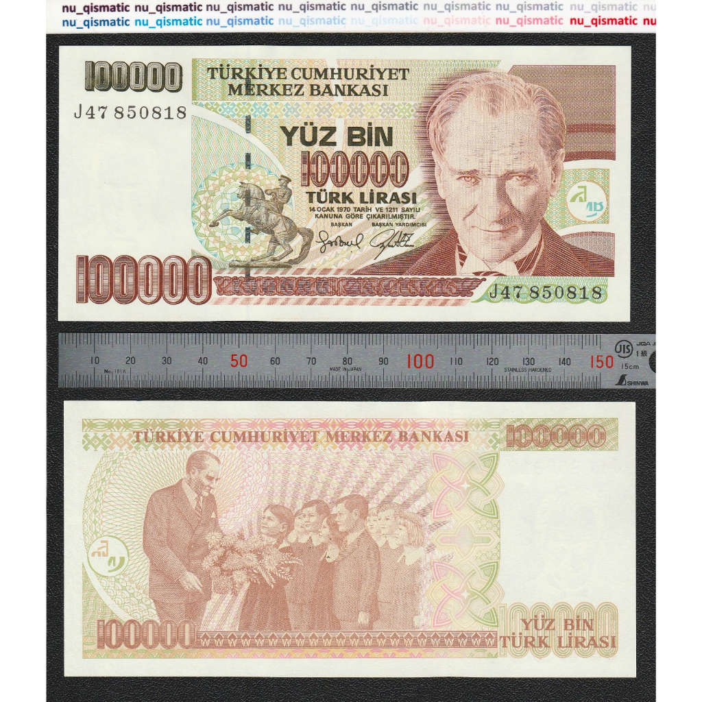 Uang Turki Turkey 100.000 100000 Lira 1996-1998, Grade UNC Baru Super Gress P# 206