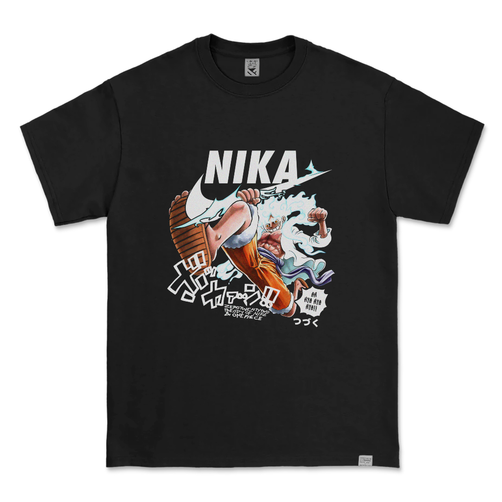 Kaos Distro Parodi ZeroTwentyTwo T-Shirt NIKA Luffy Gear 5th One Piece Black | Baju Pria Lucu Parody Plesetan Anime Manga-DESIGN