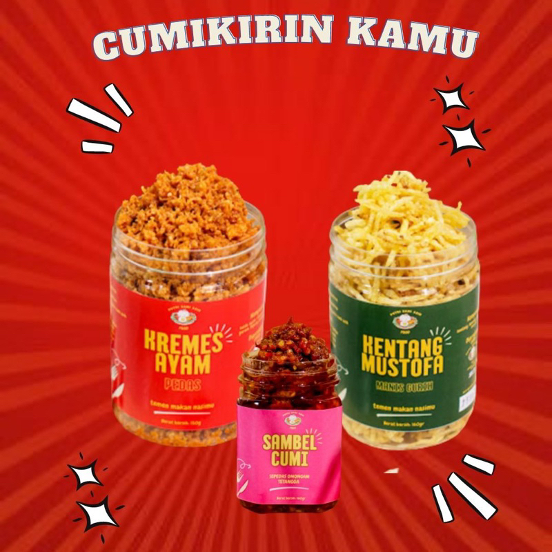 

PAKET CUMIKIRIN KAMU Sambal Cumi 160gr Kremes Ayam Pedas 180gr kentang Mustofa Manis Gurih 180gr