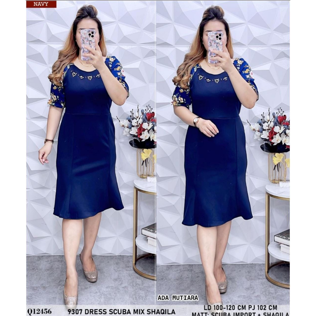 Dress 9307 Okky motif bunga-bunga bahan scuba dan shakila