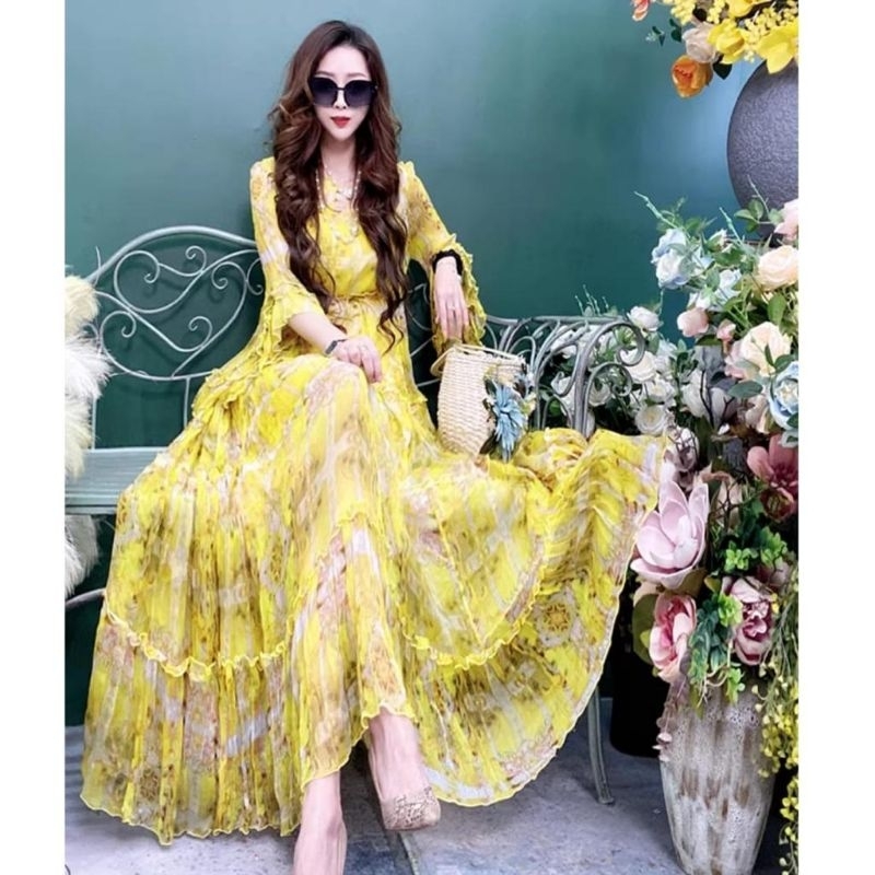 12518 Fashion maxi long dress dres lengan panjang ruffle rempel adem banget ringan tidak nerawang ad