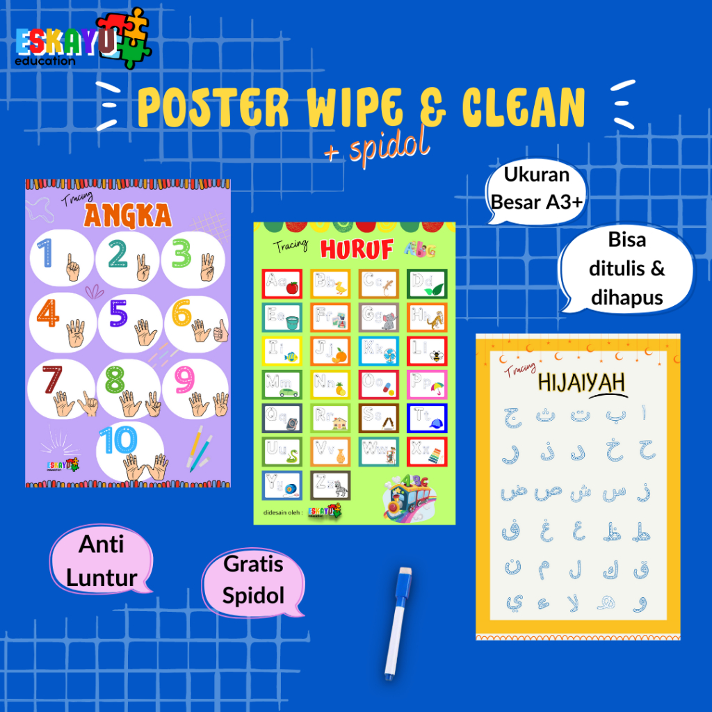 

POSTER WIPE AND CLEAN HURUF HIJAIYAH ANGKA / poster edukasi bisa dihapus / poster anak balita