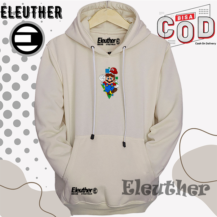 Jaket Hoodie Original Eleuther Distro Pria Wanita Aesthetic Warna Cream Motif Super Mario Oversize M