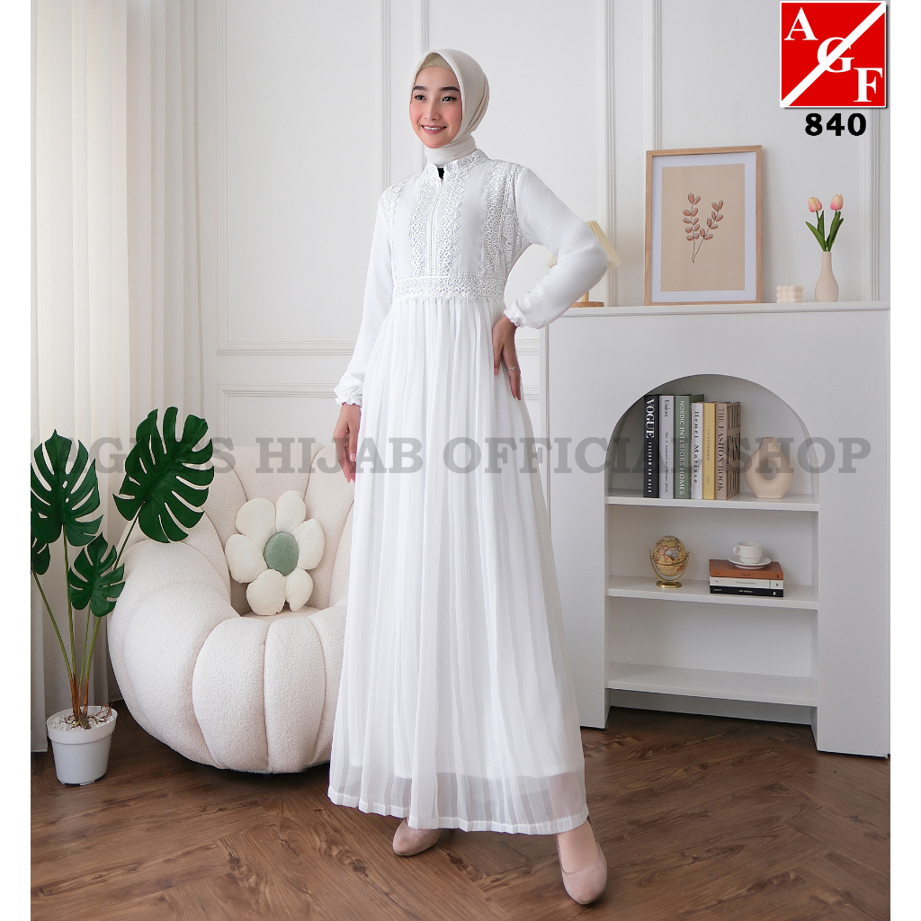 Premium Agnes Hijab - Fujhy Dress Gamis Putih Baju Muslim Wanita Dewasa Mewah Abaya Hitam Pesta
