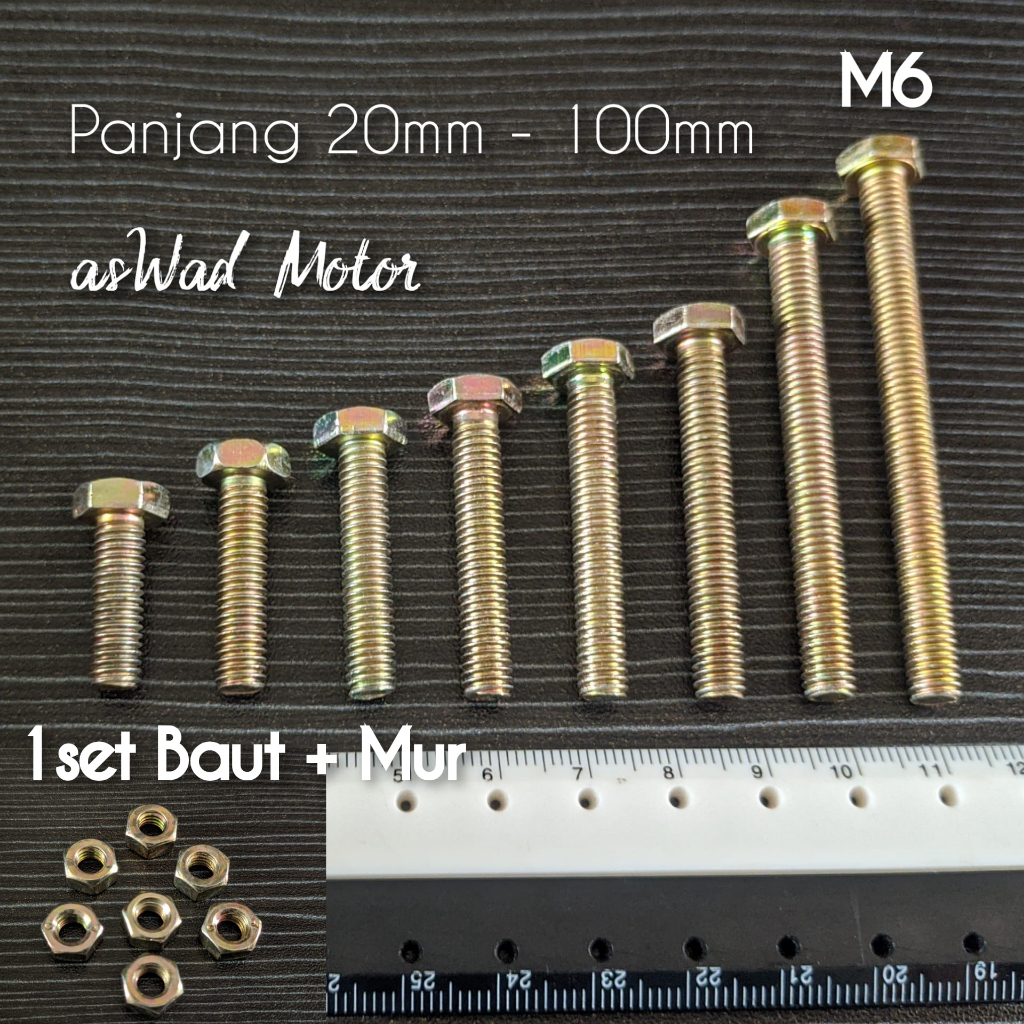 Baut Mur Kuning M6x25mm / BMK M6x25mm / BMK K10 M6x2,5cm / Baut K10 M6 x 25mm + Mur / Baut Kunci 10 