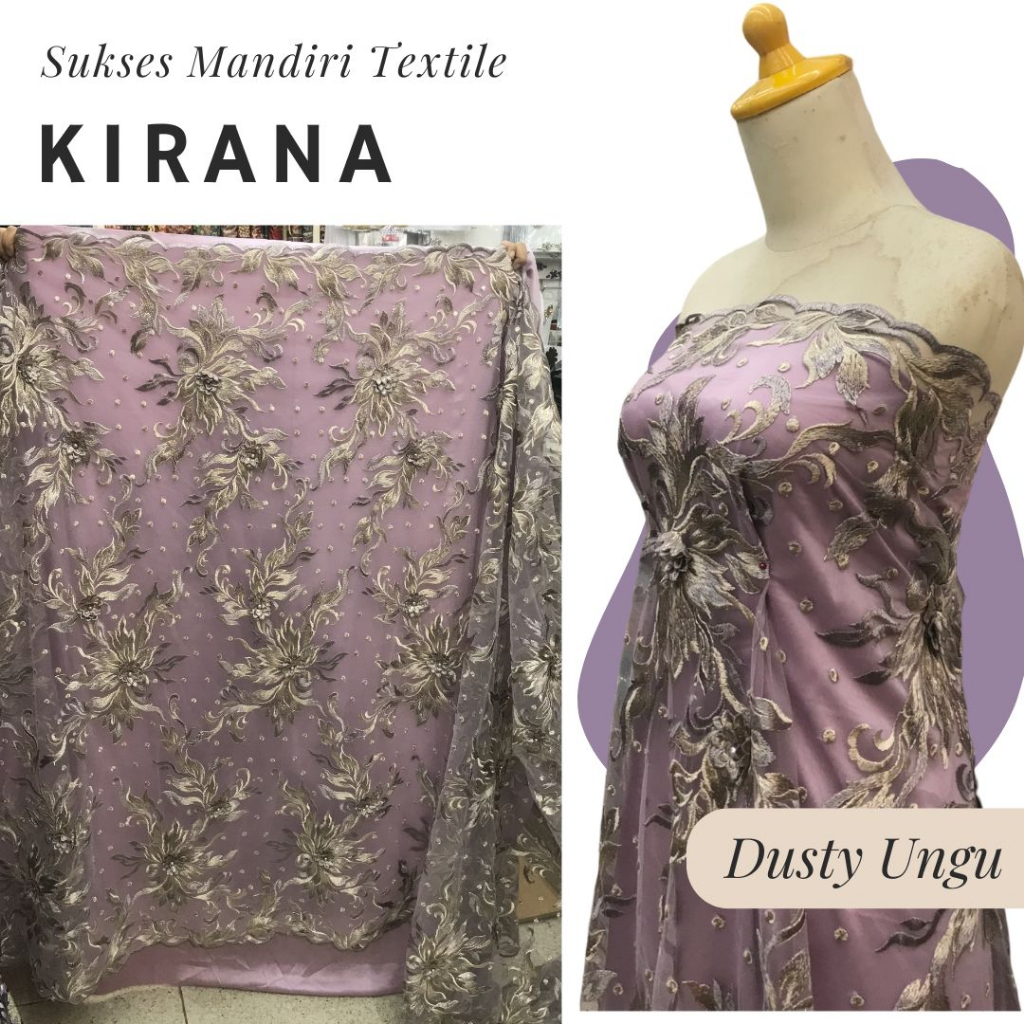 [KIRANA] Brokat lace 3D embroidery mutiara Dusty ungu | Harga ½ meter = 50 cm (Bahan Dress Bridesmai