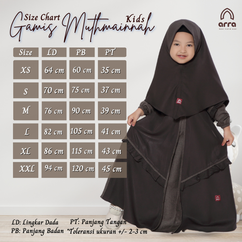 ARRA - Baju Gamis Muthmainnah Fashion Muslim Anak Perempuan Warna Coffee Mint Mustard Bahan Madina Cotton Mix Lady Zara - Size XS S M L XL XXL