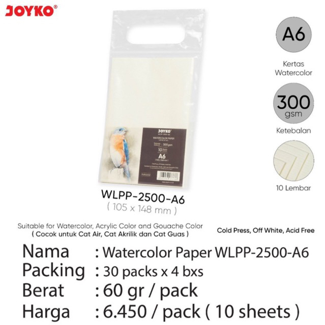 

( 1pack = 10 lembar ) Kertas Gambar dan Mewarnai Tebal 300 gsm Buat Cat Air , Cat Akrilik , Cat Guas / Watercolor Paper WLPP-2500- A6 , A5 , A4 Joyko