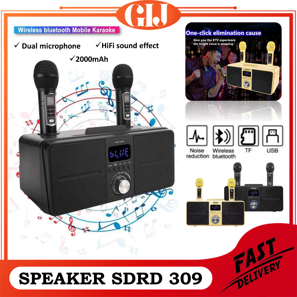 Speaker Karaoke Bluetooth SDRD SD 309 Wireless Mic Karaoke Dual Mikrofon Nirkabel Bluetooth