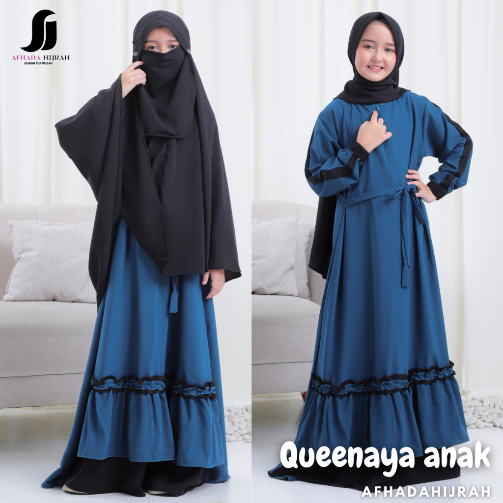 Afhadahijrah - Gamis anak perempuan set cadar QUEENAYA hitam tosca terbaru baju dan hijab instan sya