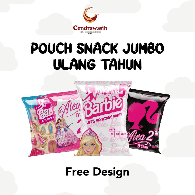 

GOODIE BAG CUSTOM / Kantong Snack Ultah Karakter / Bungkus Snack Jumbo / Plastik Snack Karakter / Goodie Bag /Souvenir Bingkisan Ulang Tahun (Barbie Edition Cendrawasih Printing)