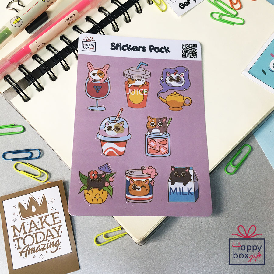 

8Pcs STICKER STIKER PACK AESTHETIC DRINK CAT JOURNAL DECOR LAPTOP