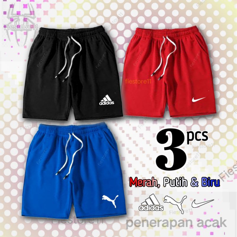 3 Pcs Celana pendek sepakbola futsal pria wanita dewasa polos merah hitam biru
