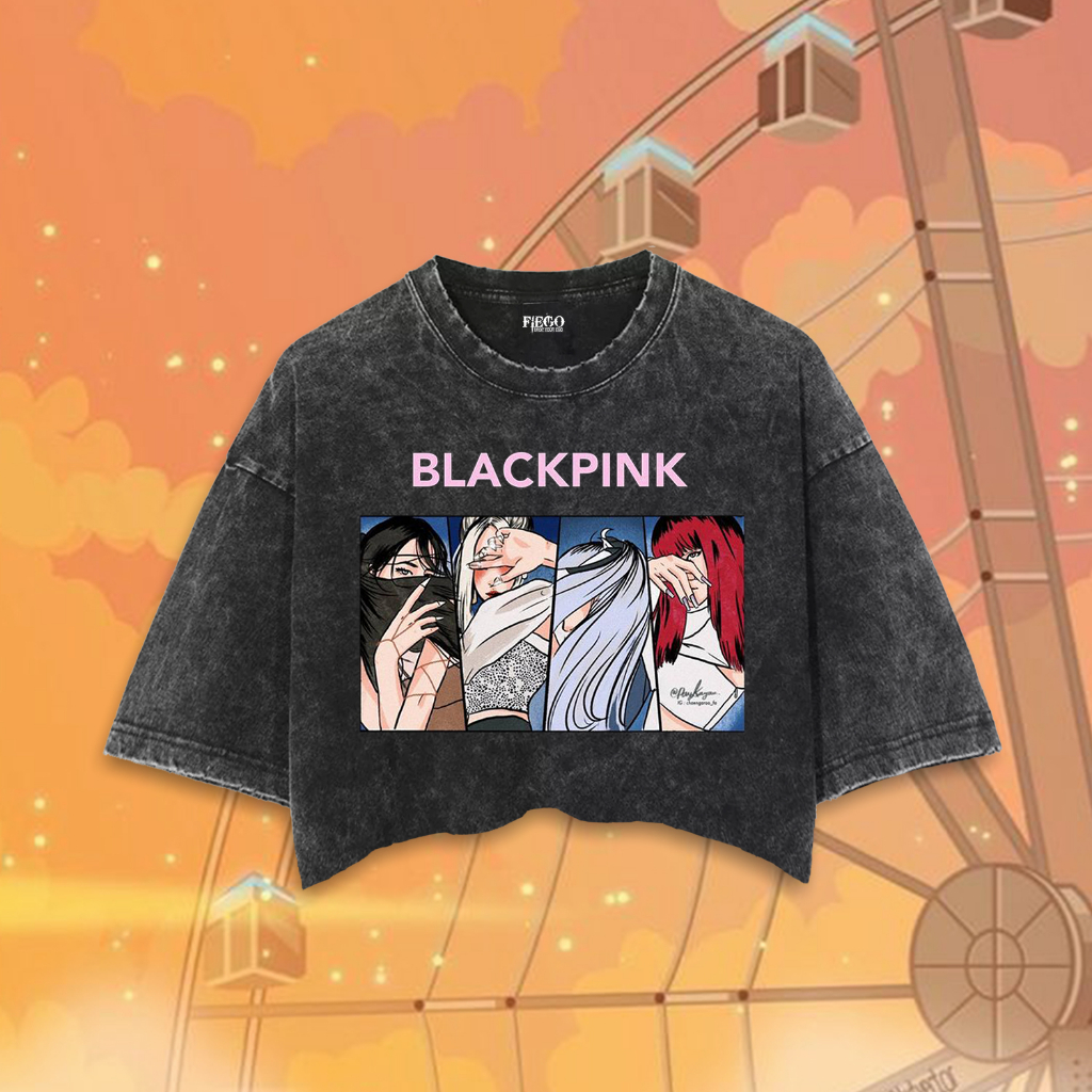Fiego "BLACKPINK CARTOON" | Premium All Size Crop Top | Stone Wash | Crop Tee | Crop Top Lisa Blackp