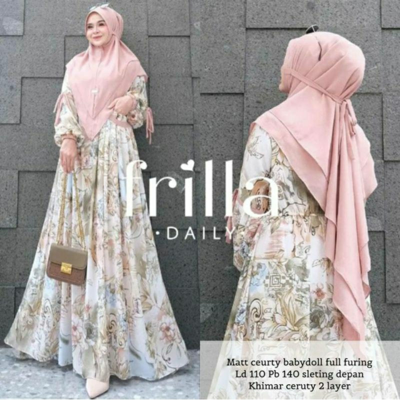 Dress Gamis syari set (frilla syari) pesta mewah murah muslim wanita terbaru