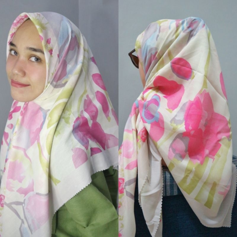 (Ambyar 5.5)Hijab Segi Empat Voal Motif Pink/ Motif Fuschia/Motif Magenta Dusty Pink Terbaru Premium