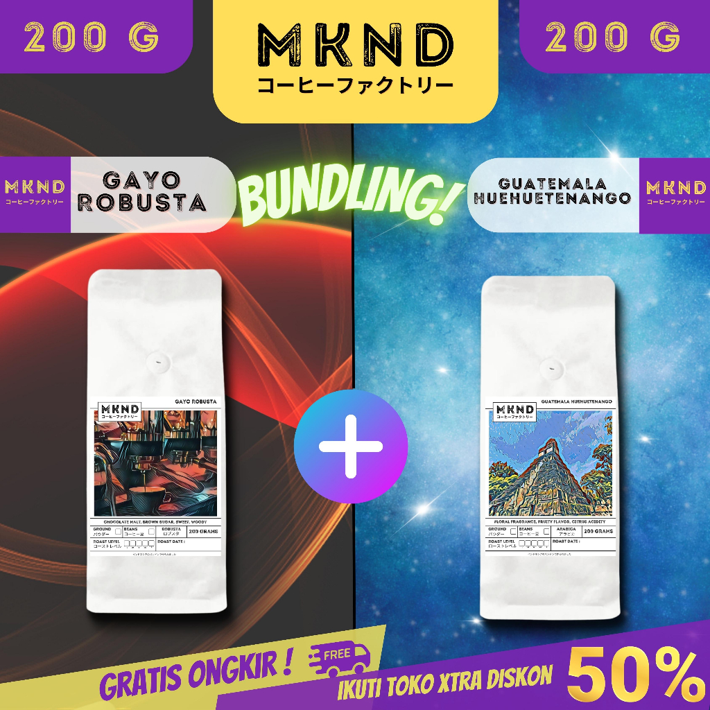 

MKND® BUNDLING HEMAT 2X200 KOPI ROBUSTA ACEH GAYO +ARABIKA GUATEMALA HUEHUETENANGO IMPORTED BEANS BY MKND® PROMO DISKON | BIJI BUBUK | SINGLE ORIGIN | PREMIUM COFFE | ROASTED BEANS | MANUAL BREW | COFFE ROASTERY