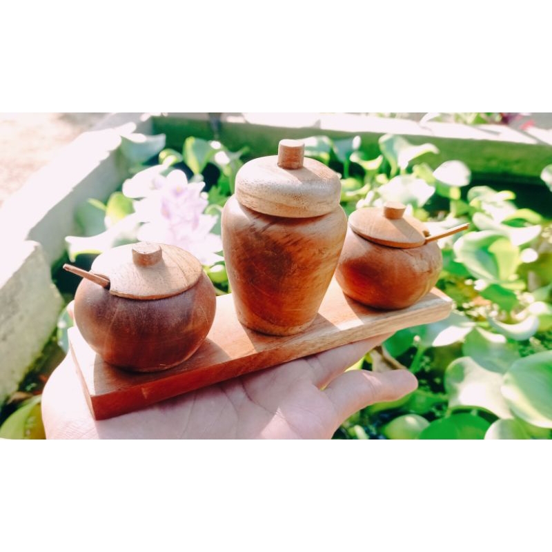 Tempat wadah bumbu kayu mahoni isi 3 set