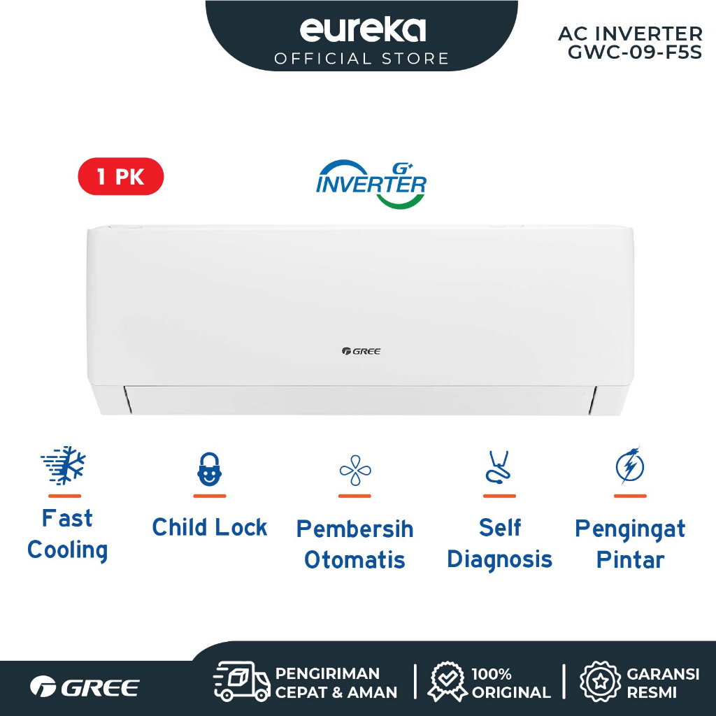 GREE AC Inverter  F5S Series - Inverter 1 PK - GWC-09F5S - With Smart Cleaner System &amp; Power Drop - WHITE PEARL (Unit Indoor &amp; Outdoor)