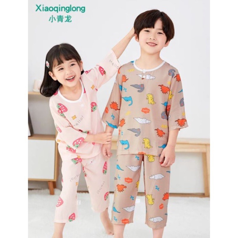 Piyama Rayon Panjang Anak Laki laki Perempuan import / Setelan Pijamas Anak Panjang Katun Rayon Dino