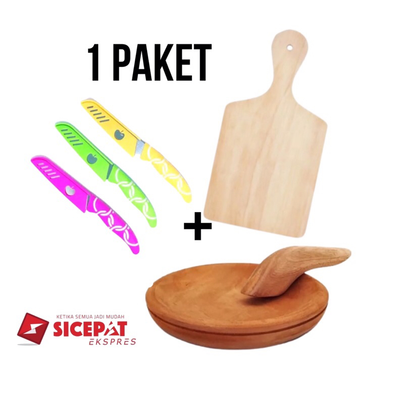 Terbaru 1 Paket Pisau Dapur Stainless Mini Set Dan Talenan Kayu Mahoni Cobek + Ulekan Kayu Besar