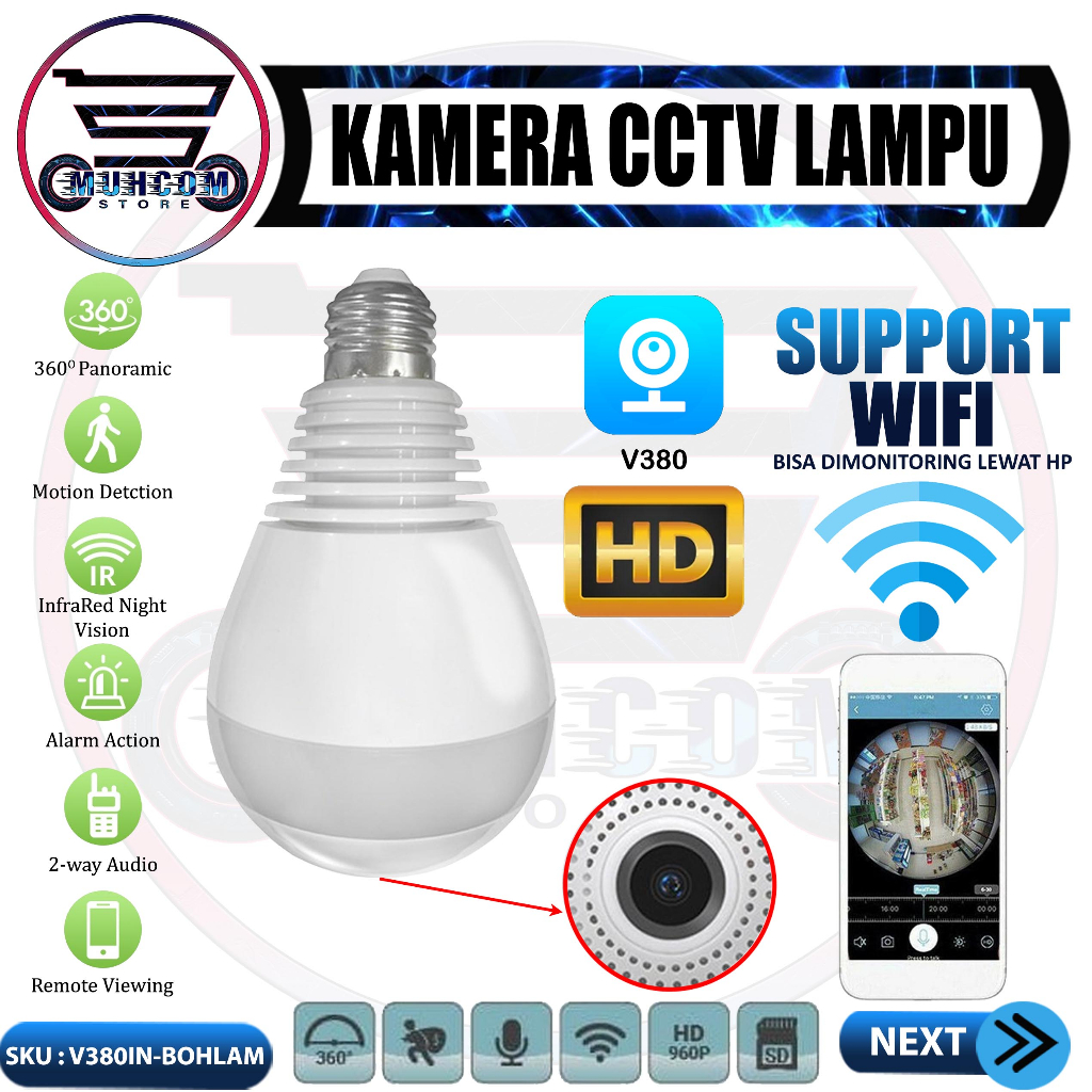 Spy Kamera CCTV V380 Pro Wifi Wireless Lampu Bohmal Bulb Kamera HD Wide Angle Vish Eye 360 View Pano