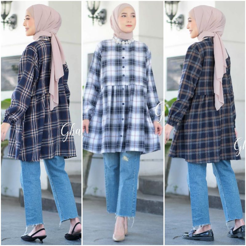 Tunik Kotak Original Ghaffa Atasan Busui Katun Flanel Crinkle Premium / Nora Keina Fada Flanelika