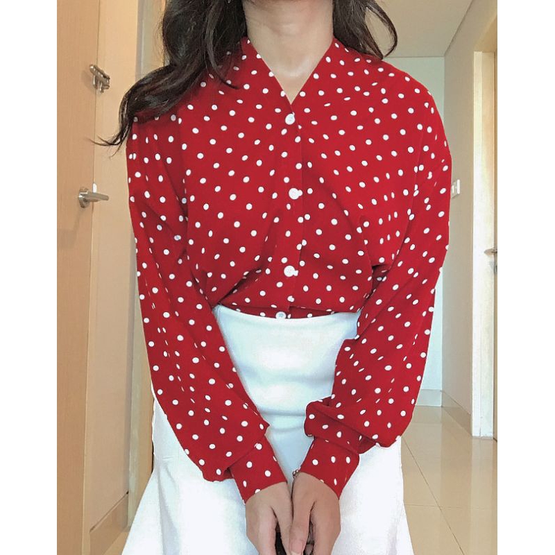 Kemeja Blouse Ruffle Korea Merah Polkadot Top Vintage Import Korean Style Baju Atasan Wanita Kantor