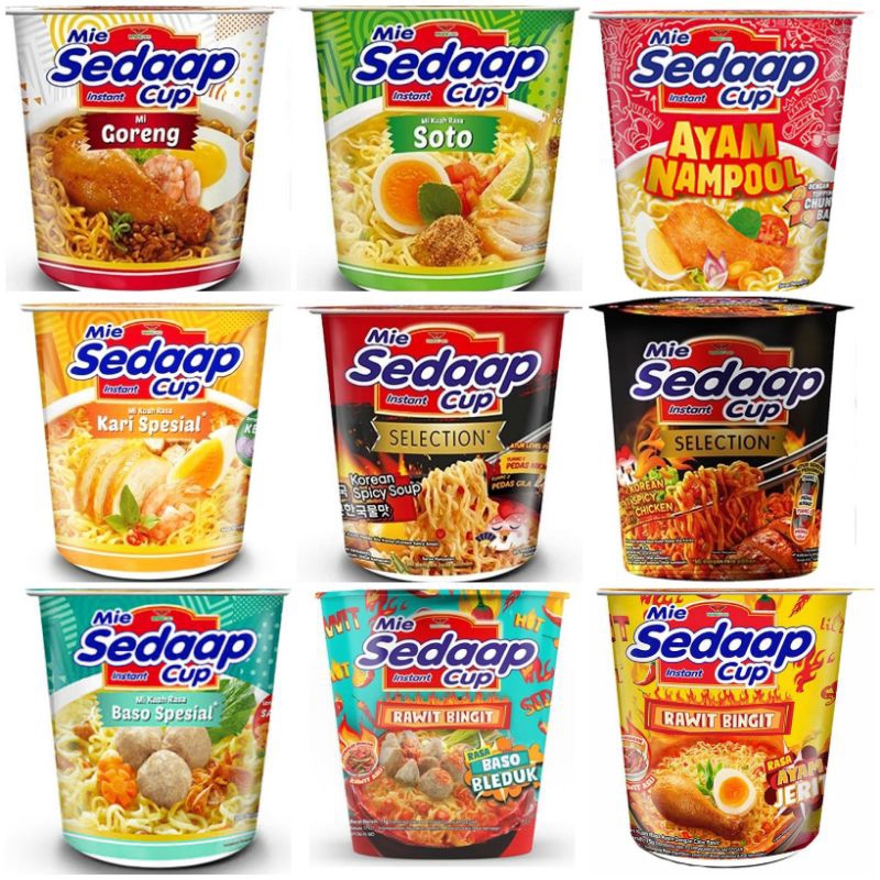 

Sedaap Aneka Mie Instant Cup seduh ayam jerit rawit kari soto goreng korean spicy soup baso ayam nampol mercon