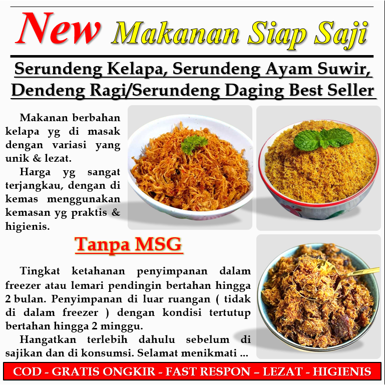 

Makanan Siap Saji Serundeng Kelapa, Srundeng Ayam Suwir, Dendeng Ragi / Serundeng Daging Solusi Lauk Instan Tanpa Ribet