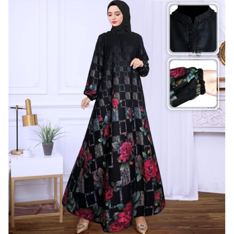 BISA.COD(GAMIS ABAYA PRINTING BUNGA JETBLACK KW HIKMAT PREMIUM ORIGINAL TERBARU