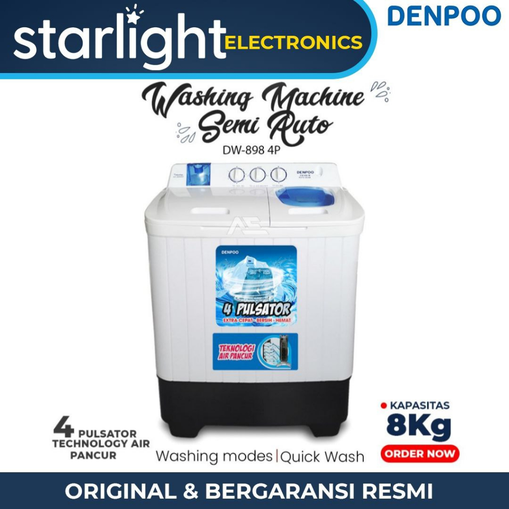 MESIN CUCI 2 TABUNG DENPOO KAPASITAS 8 KG - ADA PENUTUP KNOP TOMBOL - GRATIS ONGKIR JABODETABEK
