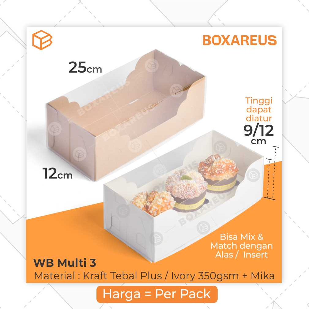 Box Mika Roll Cake Dus Cupcake isi 3 Packaging Bolu Gulung Atur Tinggi | WB Multi 3