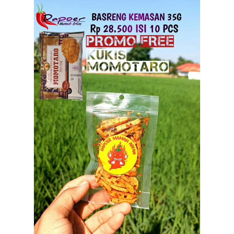 

PAKET BASRENG VIRAL PEDAS KEMASAN 35G 10 PCS FREE KUKIS MOMOTARO