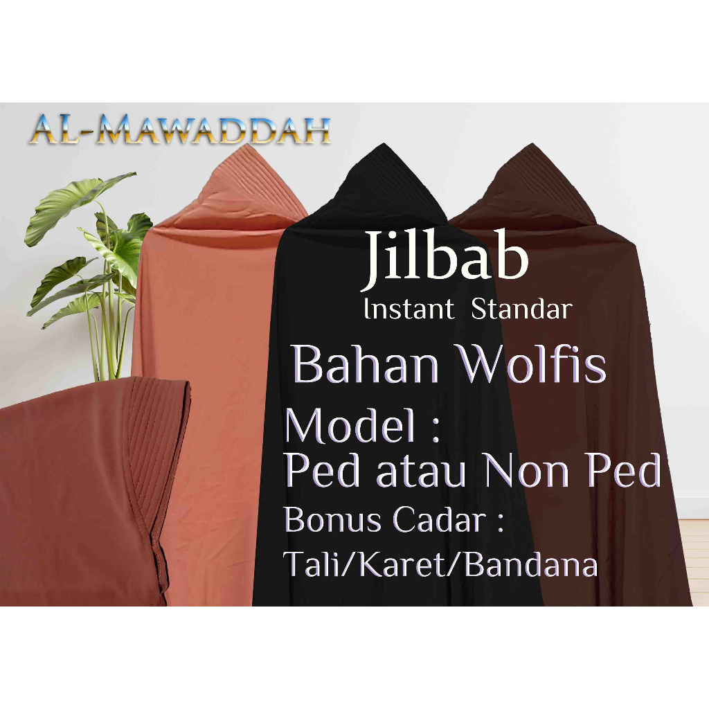 Jilbab Instan Standar Bahan WOLFIS Model Ped & Non Ped + Cadar Karet/Tali/Bandana(Biasa/Poni)