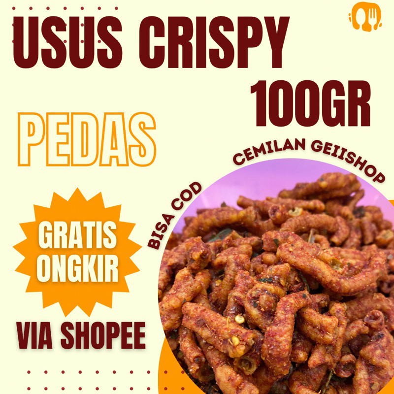 

USUS CRISPY 100GR PEDAS DAUN JERUK CEMILAN PEDAS/CEMILAN VIRAL/USUS AYAM CEMILAN GEIISHOP