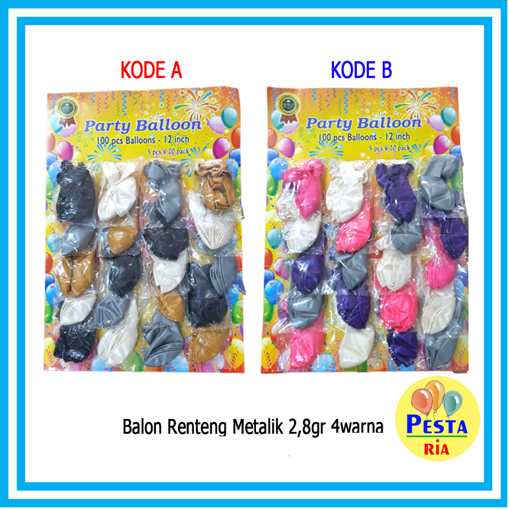 Murah (1Papan isi 100pcs) Balon Renteng Metalik 2,8gr 4 warna, balon latex, balon ulangtahun, balon 