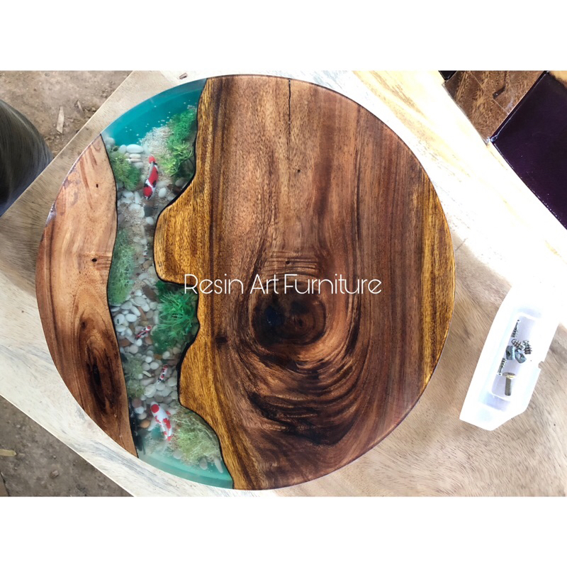MEJA TREMBESI RESIN/ MEJA KOPI TREMBESI RESIN MOTIF KOLAM KOI