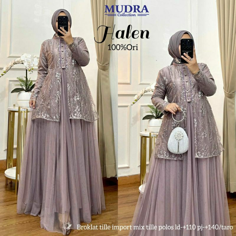 new*HALEN gamis maxy premium dress**bahan brokat tile import mix tile polos*by Mudra collection