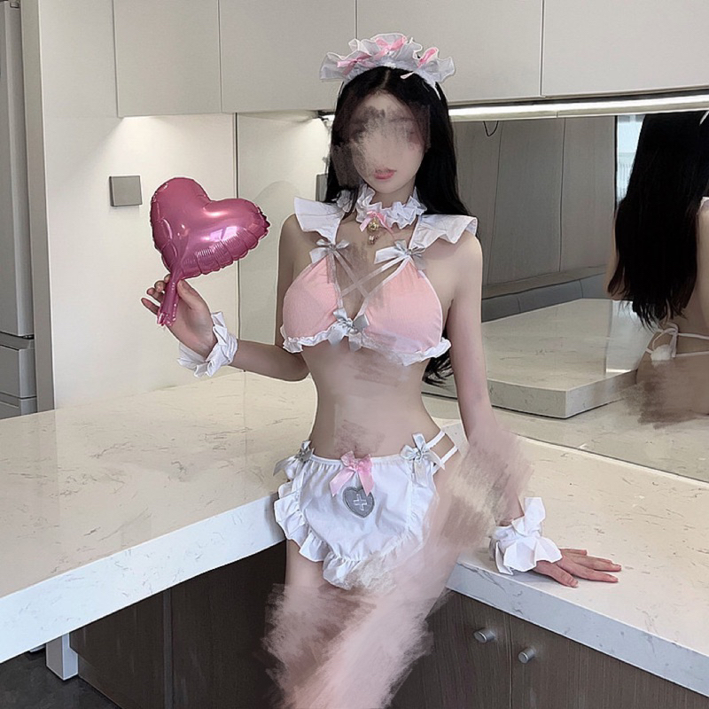 Yebin Set Lingerie Cute Kitten Maid Baju Tidur Katun Renda Halus Baju Dinas Malam Istri Nakal Baju M