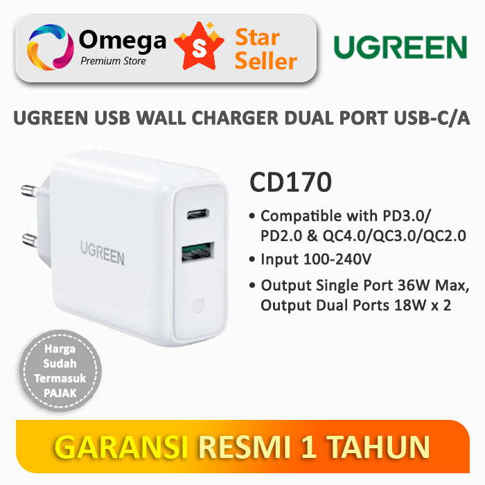 UGREEN Fast Charger 36W Dual Port USB-C/USB-A