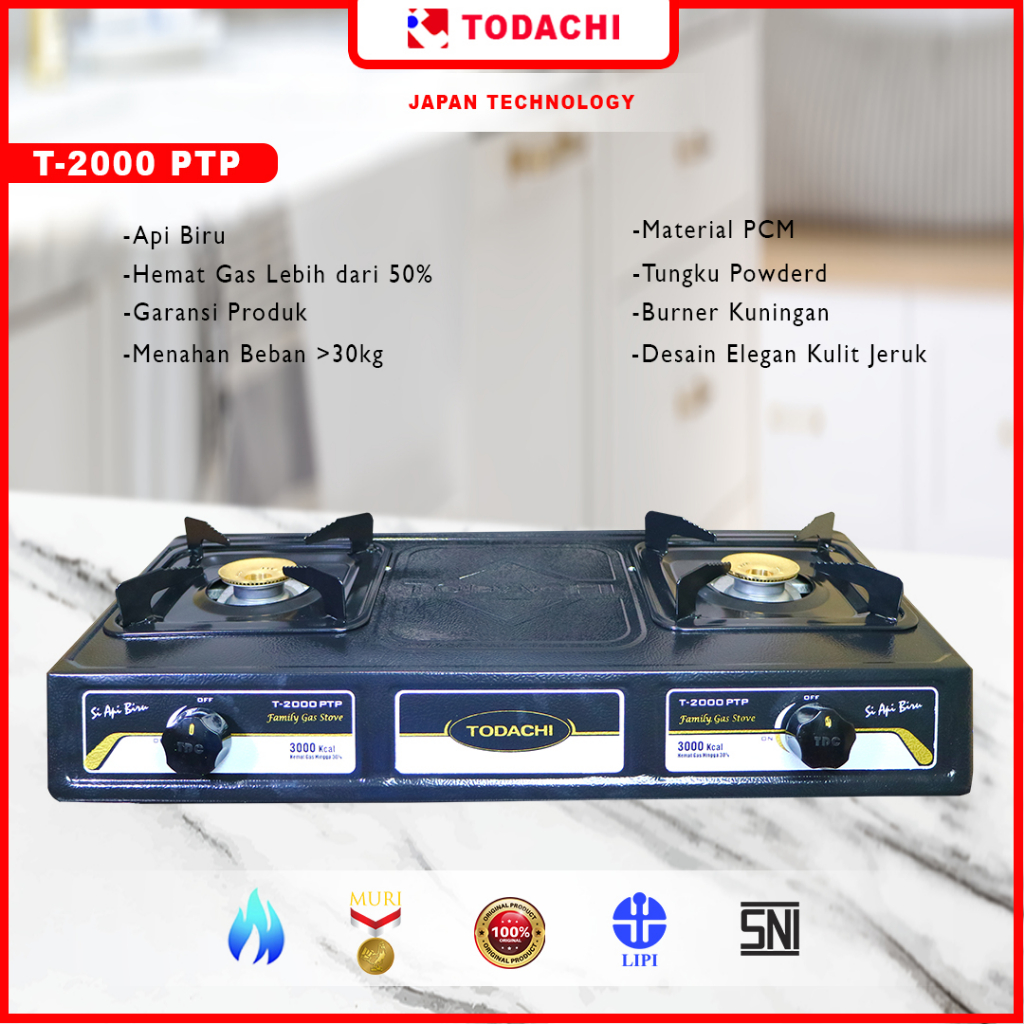Todachi Kompor Gas 2 Tungku Hitam T 2000 PTP Black L/M  Gas ELPIJI(LPG)/Alam(LNG)