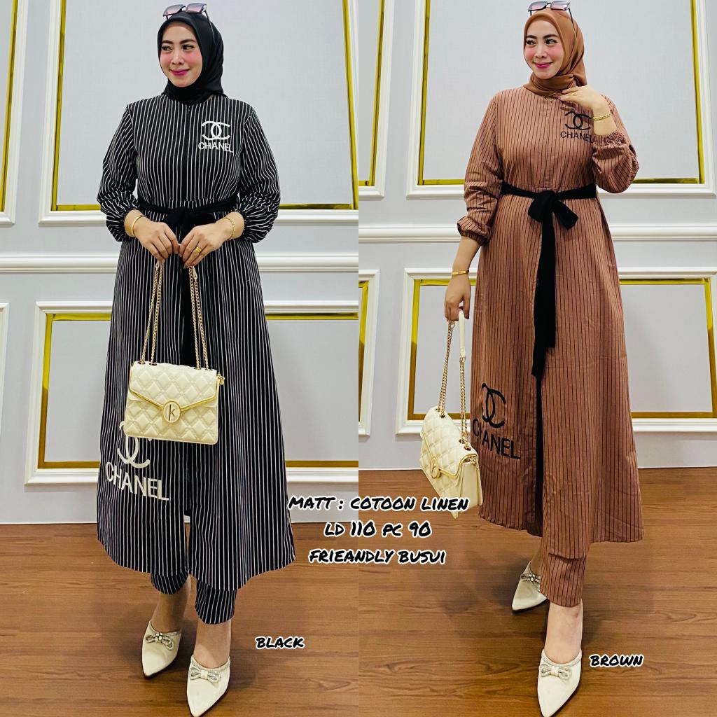 QF. Setelan Gamis Motif salur / gamis lebaran / gamis terbaru / gamis murah / gamis wanita
