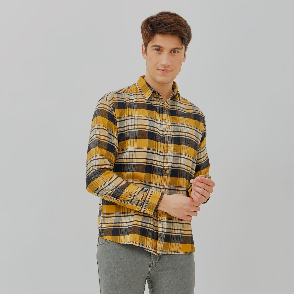 PAULMAY Kemeja Flanel Pria Lengan Panjang Kuning 6712