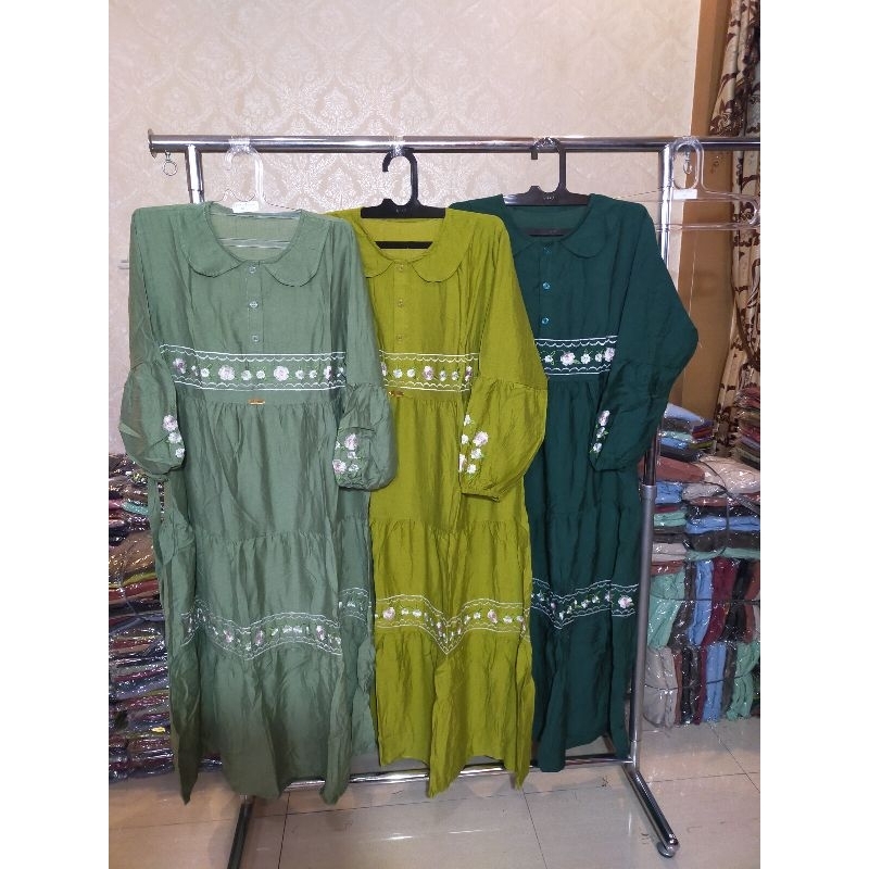Gamis wanita polo linen motif bunga/