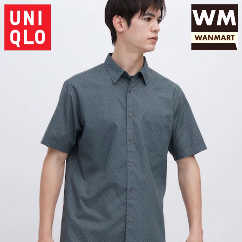 UNIQLO Men Shirt Kemeja Batik Motif Pria Lengan Pendek Green