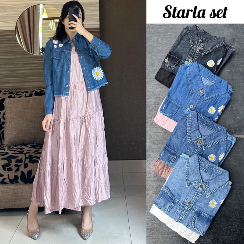 STARLA MIDI SET 2IN1 - INER RAYON TWILL OUTER JEANS BORDIR BUNGA KECIL